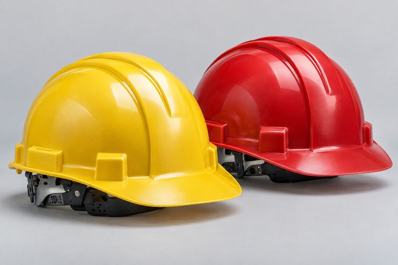 Yellow and red industrial safety helmets