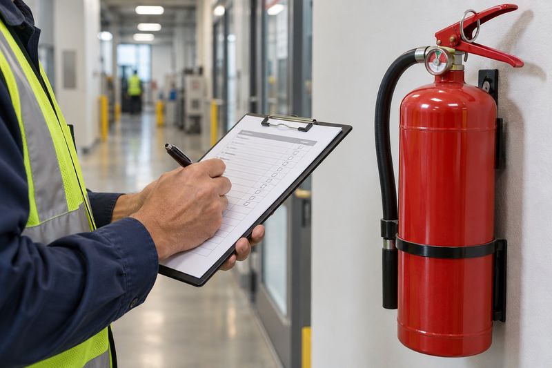 Inspector checking a wall-mounted fire extinguisher against a checklist