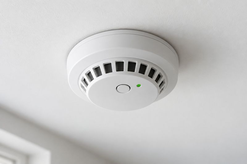White smoke detector with green status light on a ceiling
